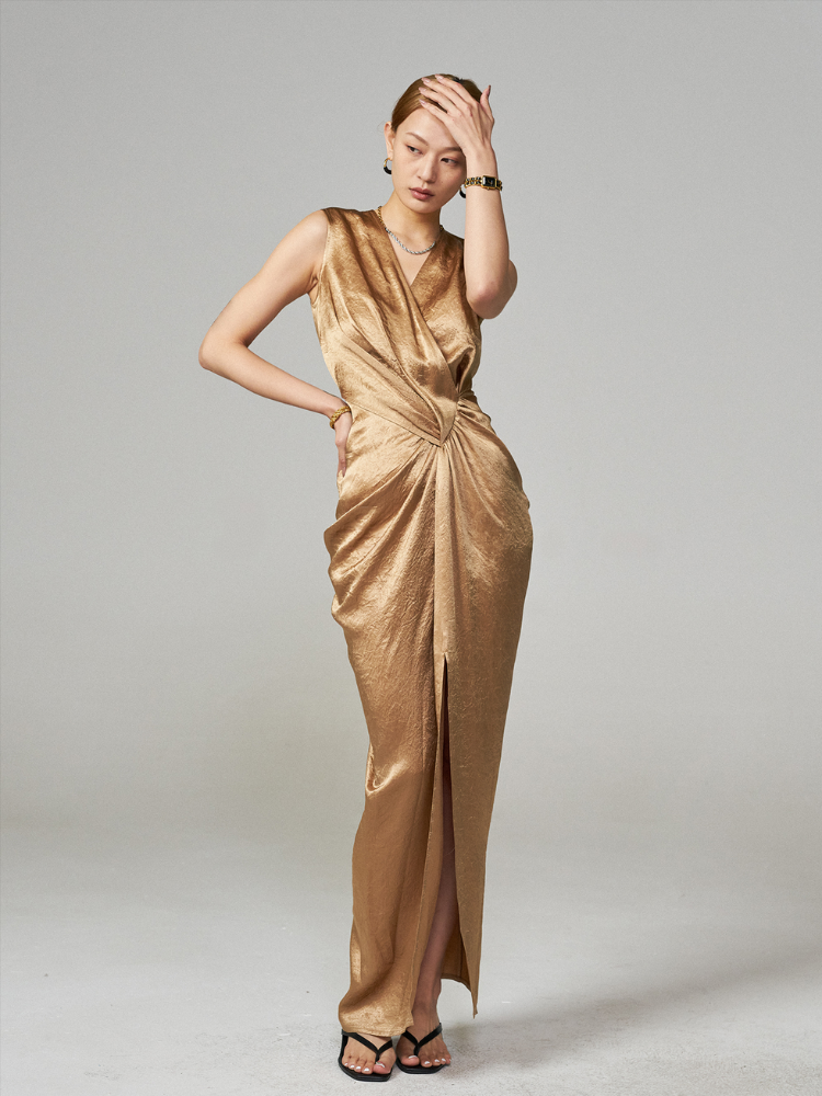 Wrinkled Acetate Satin V-Neck Maxi Dress