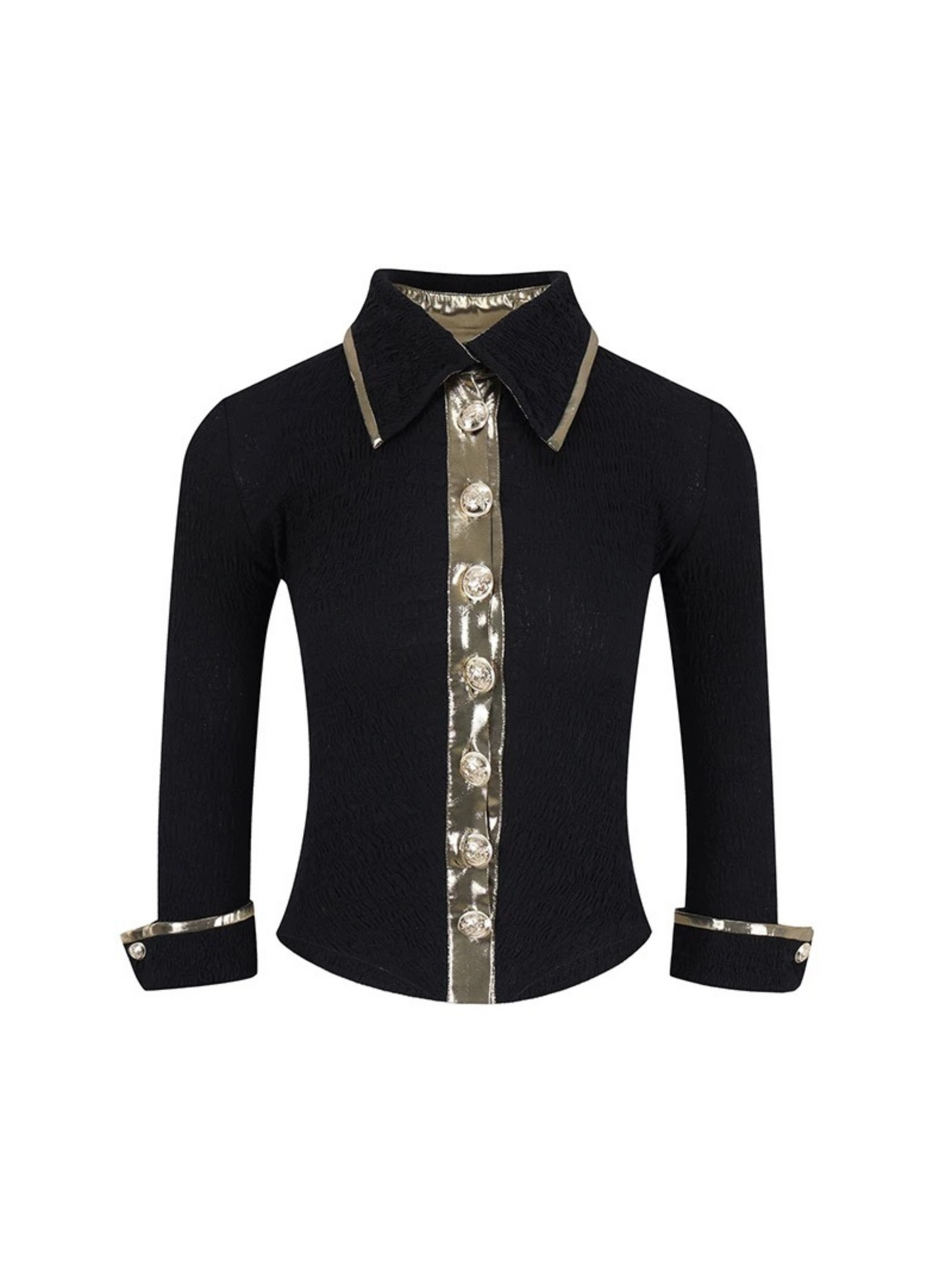 Elegant Ruched Collared Long-Sleeve Slim-Fit Stretch Shirt