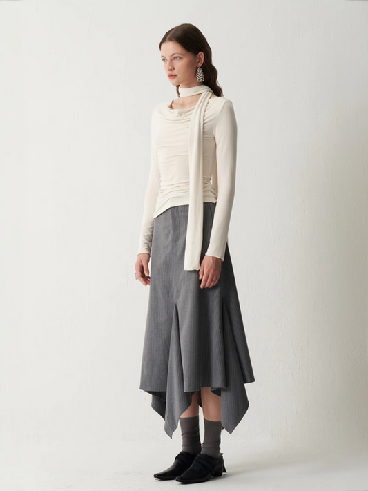 Gray Asymmetrical Textured Midi Skirt