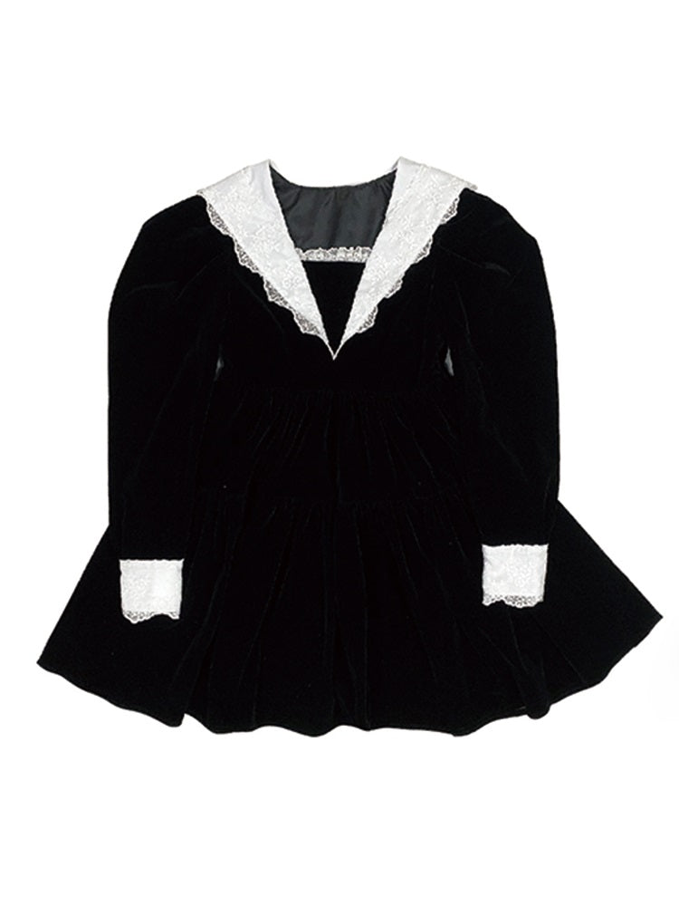 Velvet Lace Puff-sleeves One-piece