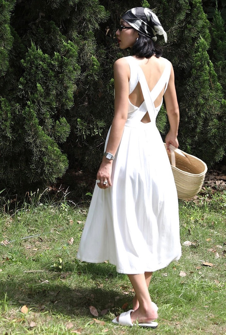 Tencel Blend Criss Cross Back Button Midi Dress in White – FancyAdd