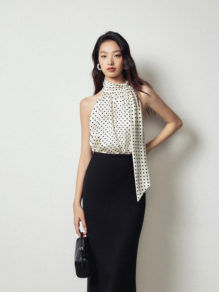 Polka Halter Tie Top in Cream