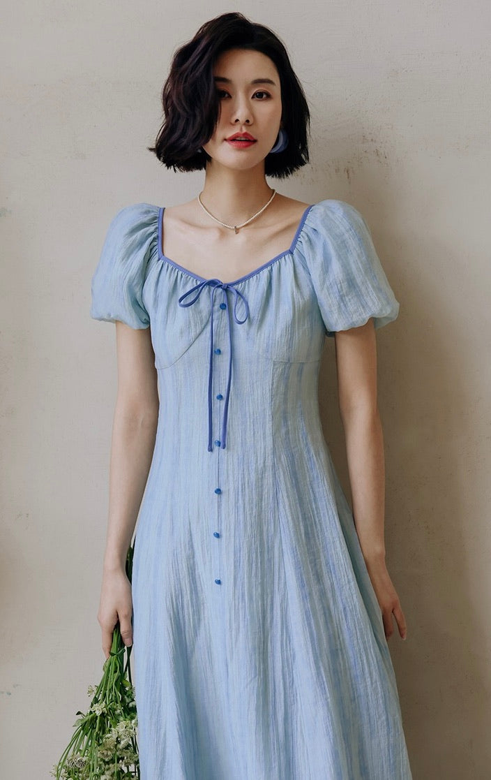 Tencel Puff Sleeve Dress in Blue