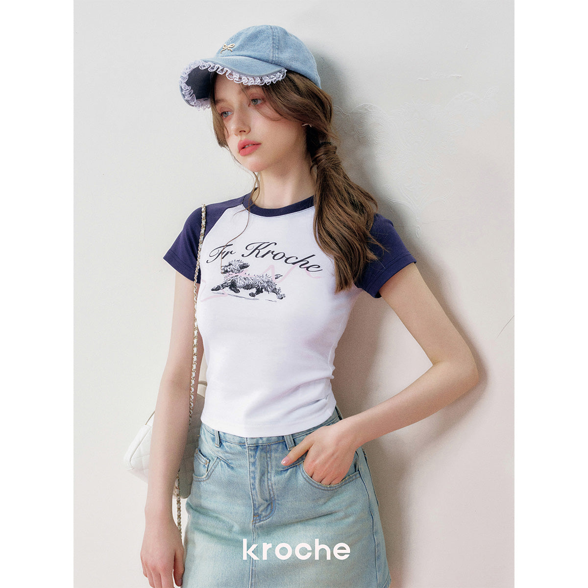 Kroche Hand Painted Puppy Raglan T-Shirt Navy Blue