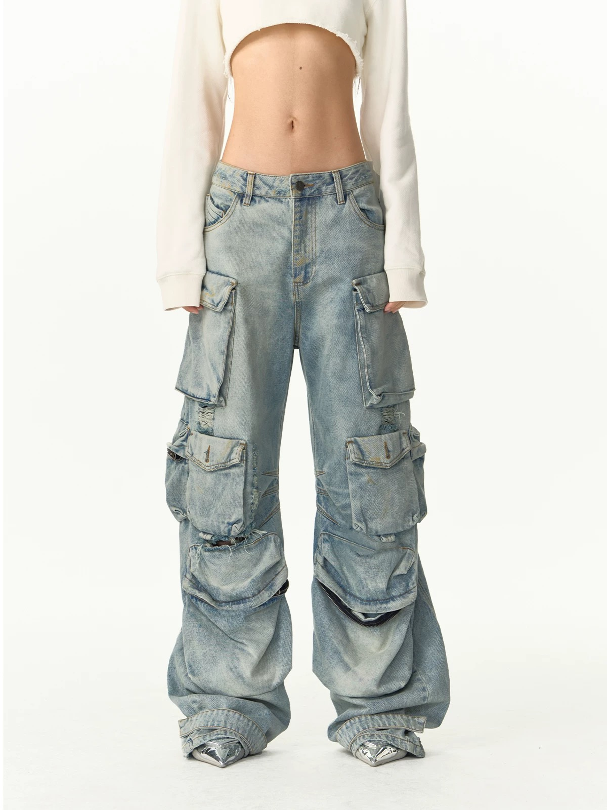 Multi-Pocket Distressed Heavy-Washed Cargo Jeans