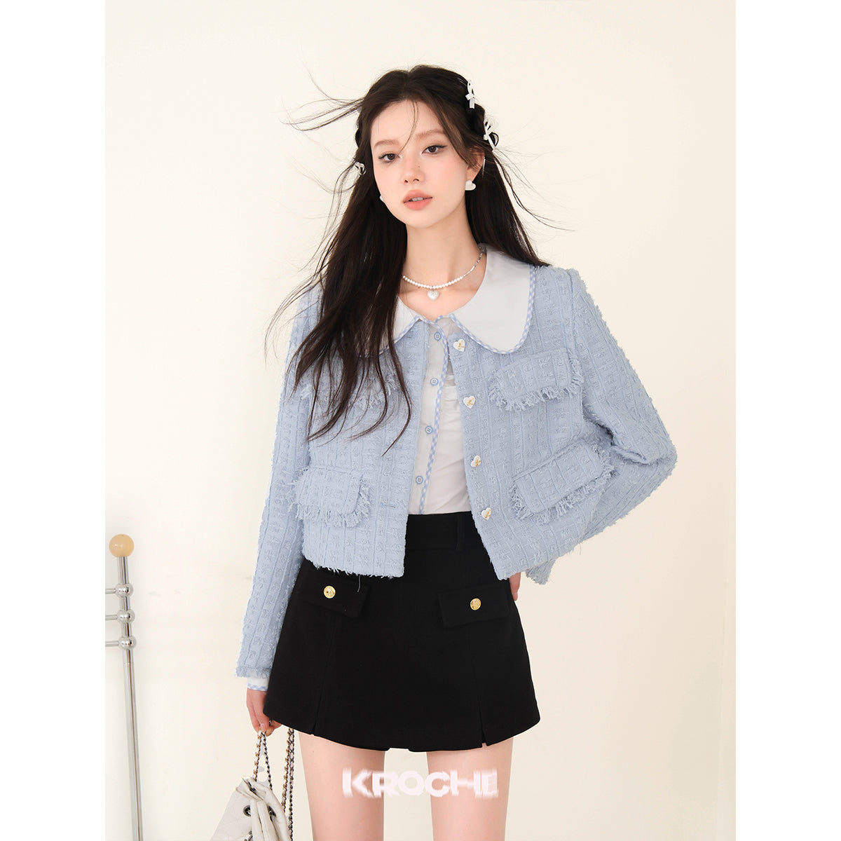 Kroche Tassel Heart Button Tweed Jacket Blue