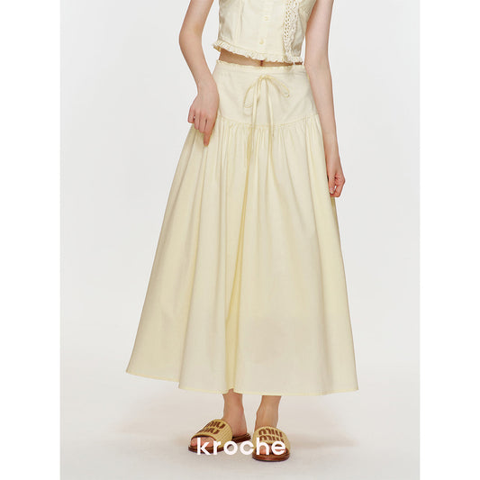 Kroche Bow Wrinkle Lace Edge Long Skirt Yellow