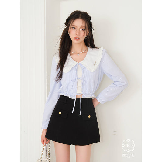 Kroche Doll Collar Hollow-Out Crop L/S Shirt Top