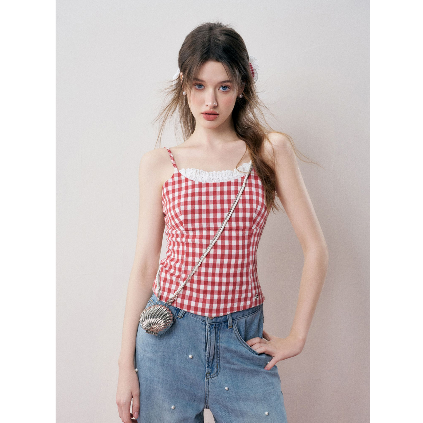 Kroche Plaid Lace Edge Patchwork Vest Blue