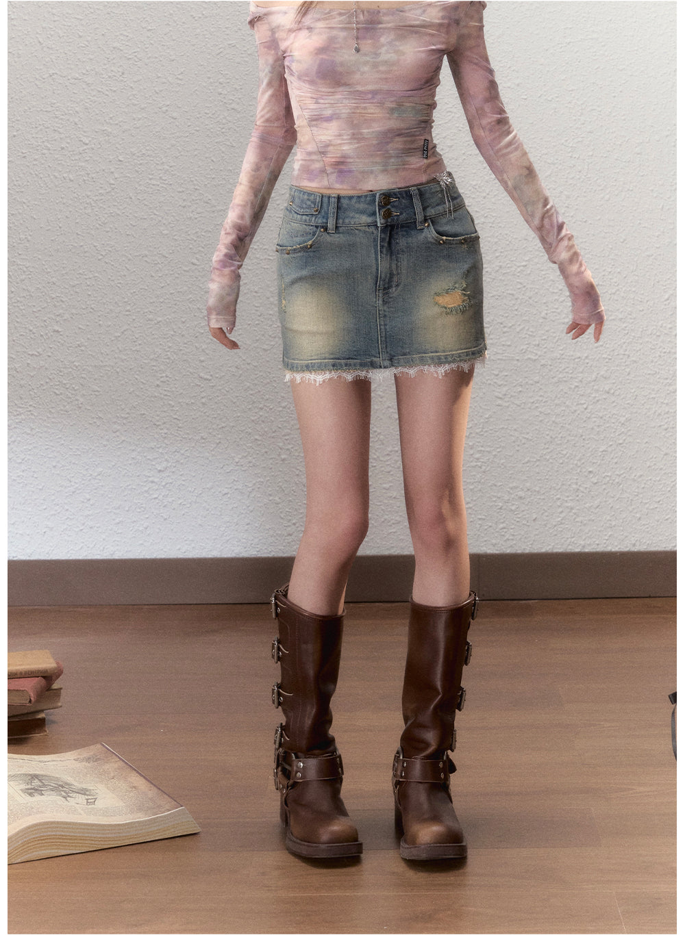 Washed Denim Distressed Mini Skirt