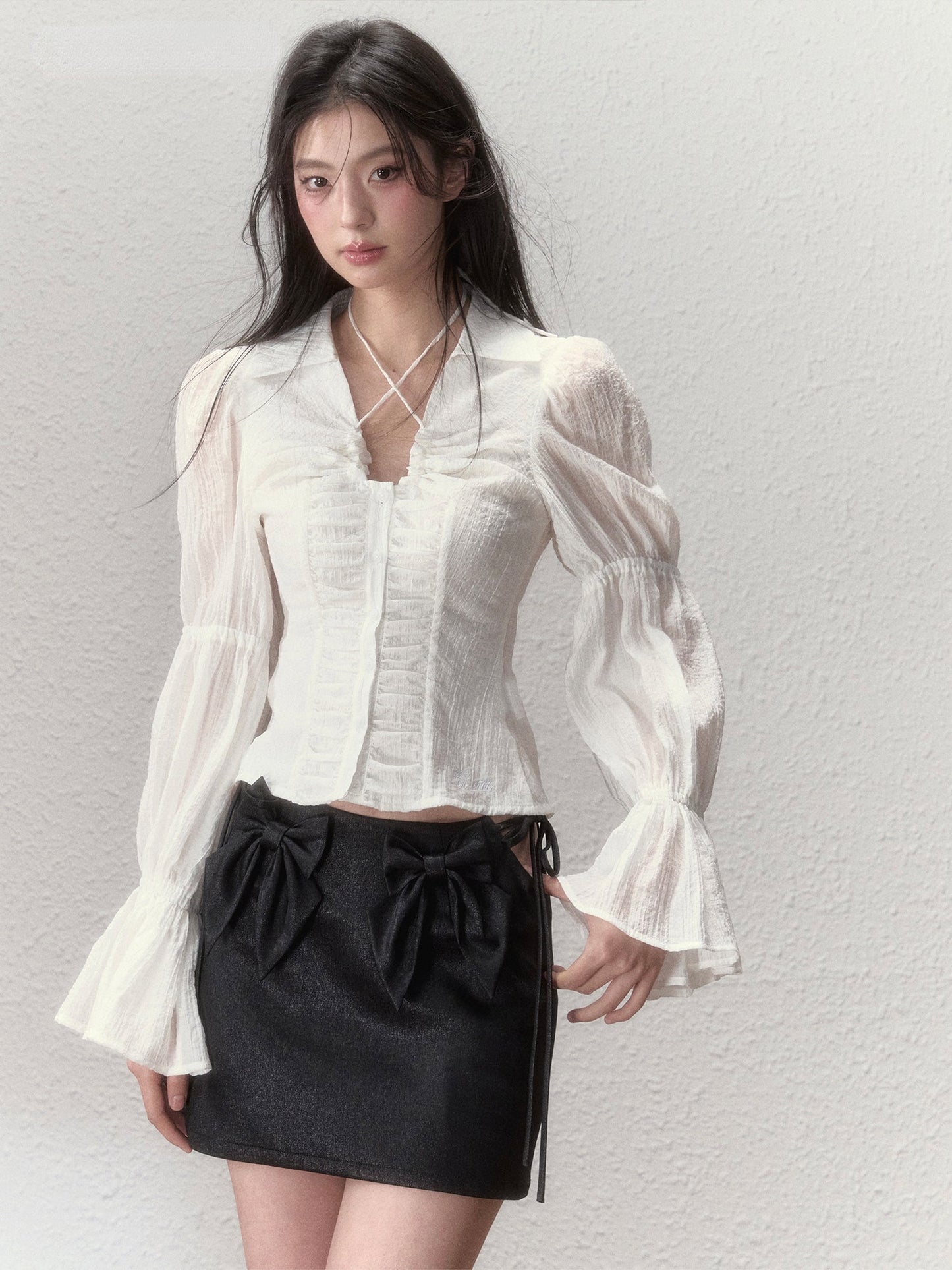 Sheer Puff Sleeve Drawstring Sun Protection Blouse