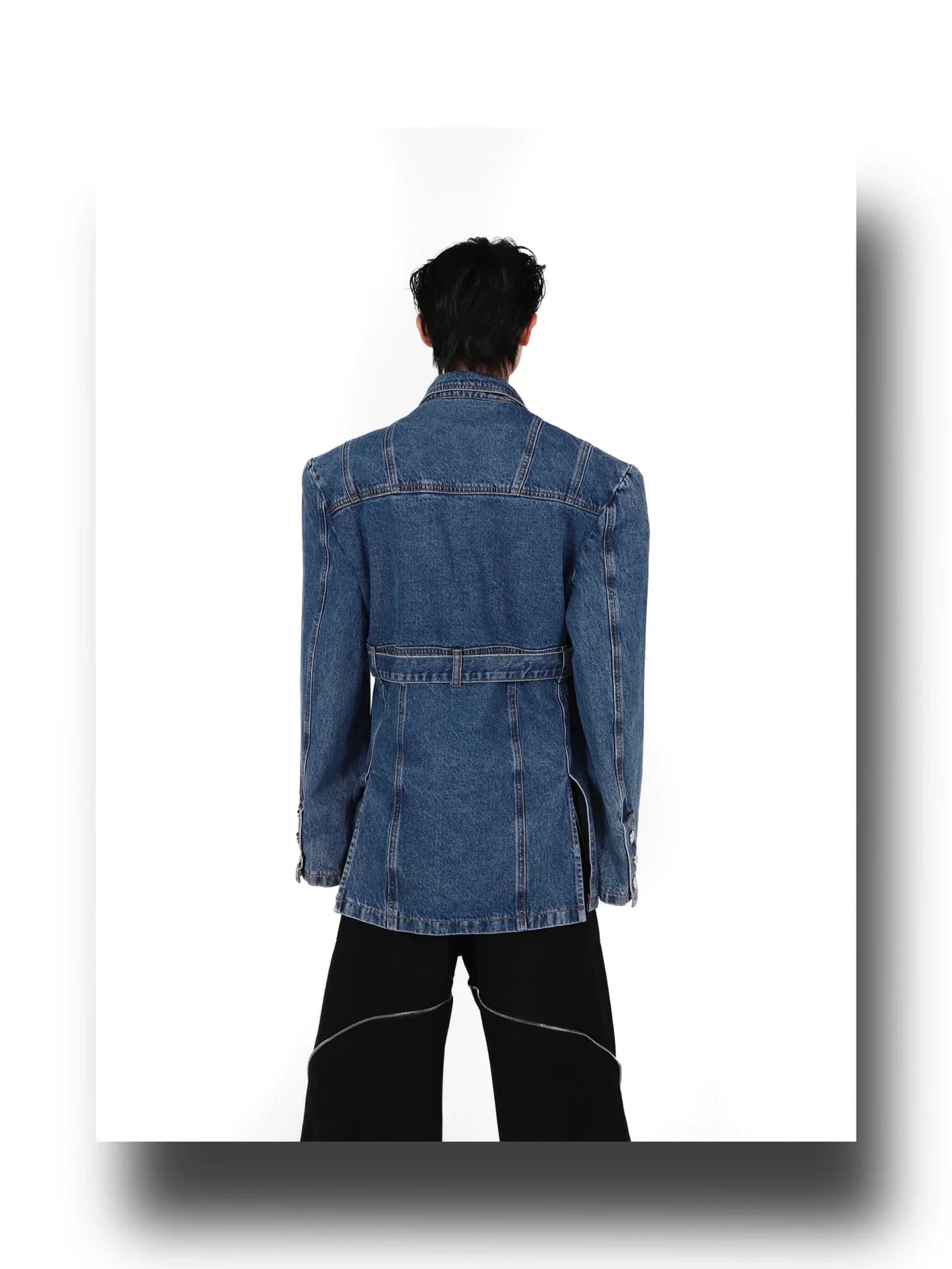 3D Deconstructed Padded Shoulder Denim Blazer | High-End Suit with Belt Design