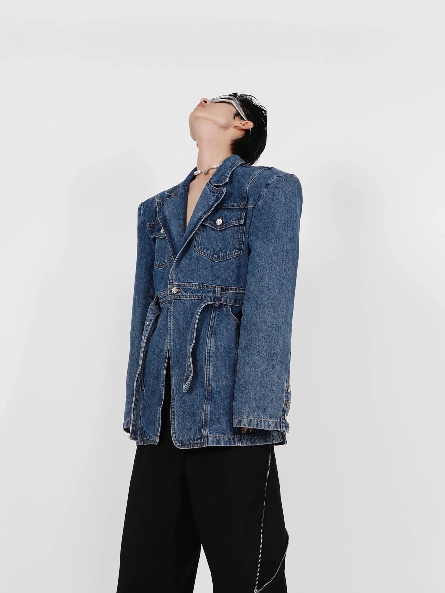 3D Deconstructed Padded Shoulder Denim Blazer | High-End Suit with Belt Design