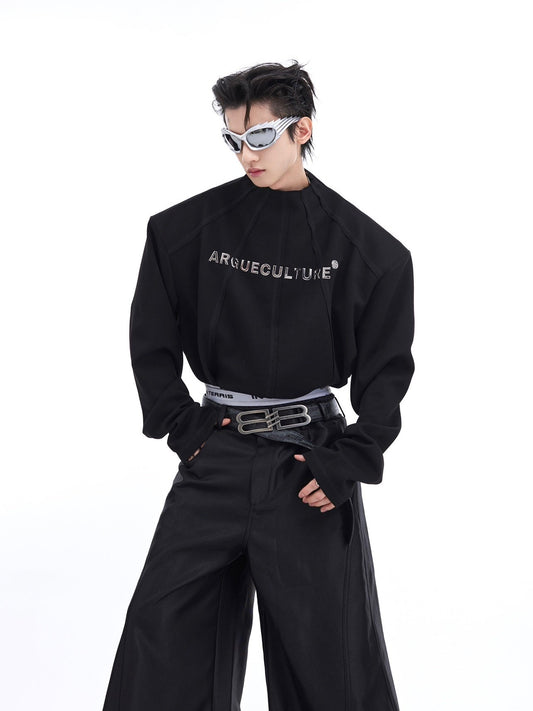 3D Line Padded Shoulder Long Sleeve T-Shirt with Metallic Print Sweatshirt