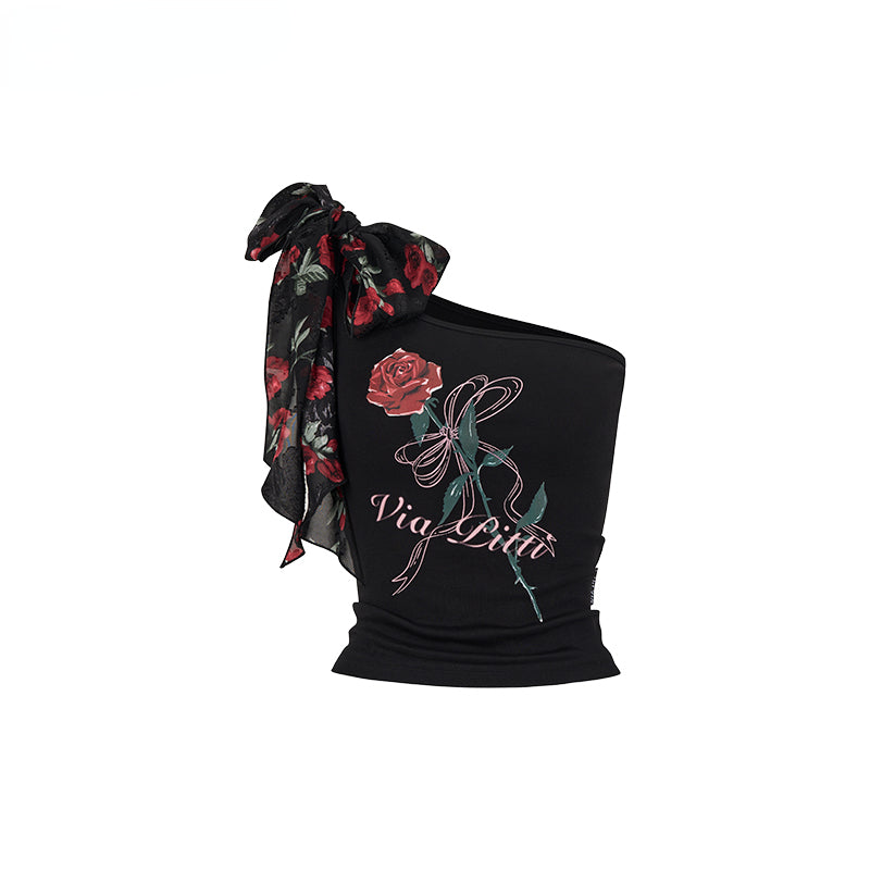 Black Rose Print One-shoulder Strap