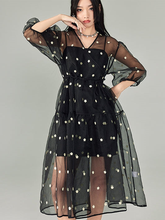 V-neck Polka Dot Floral Mesh Dress