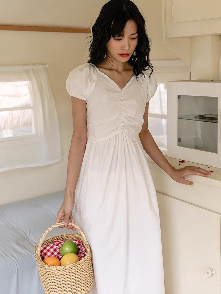 Puff Sleeve Shirring Dress in White