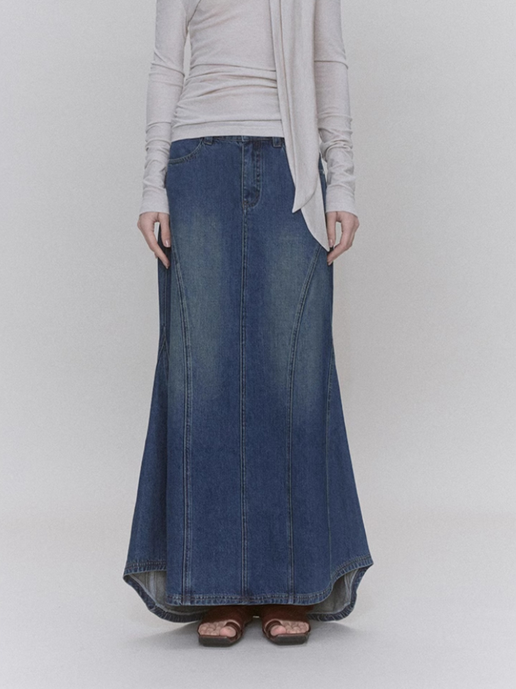 Vintage Denim Side-Slit Distressed Fishtail Skirt