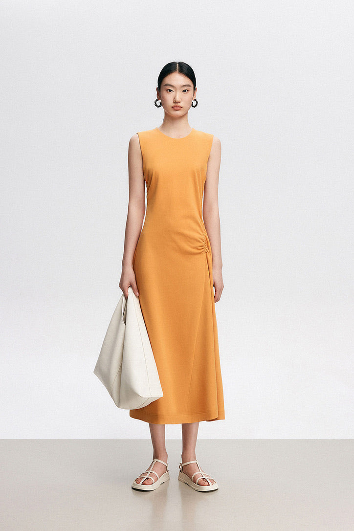 Sleeveless Side Shirring Midi Dress in Mustard