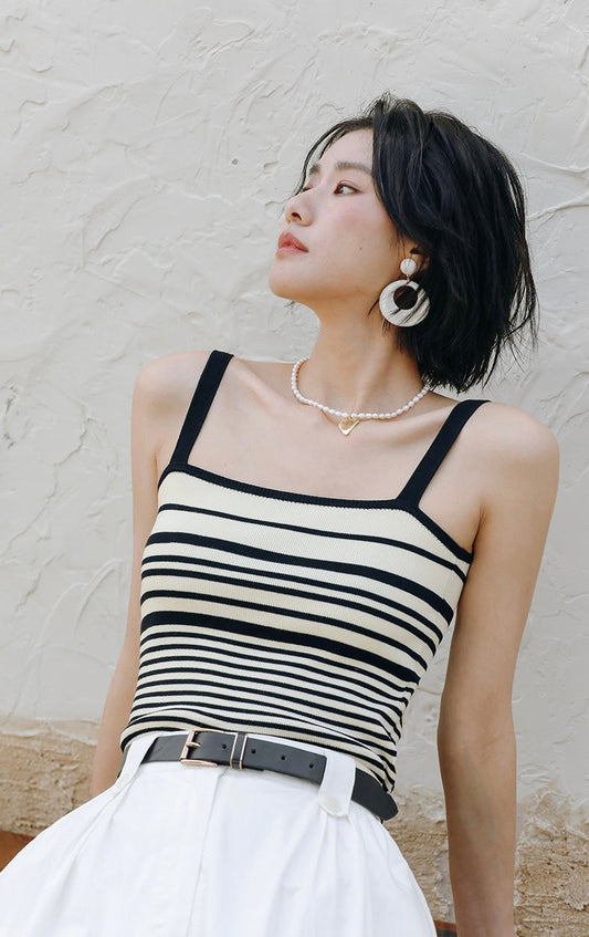 Striped Knit Camisole in Cream/Black