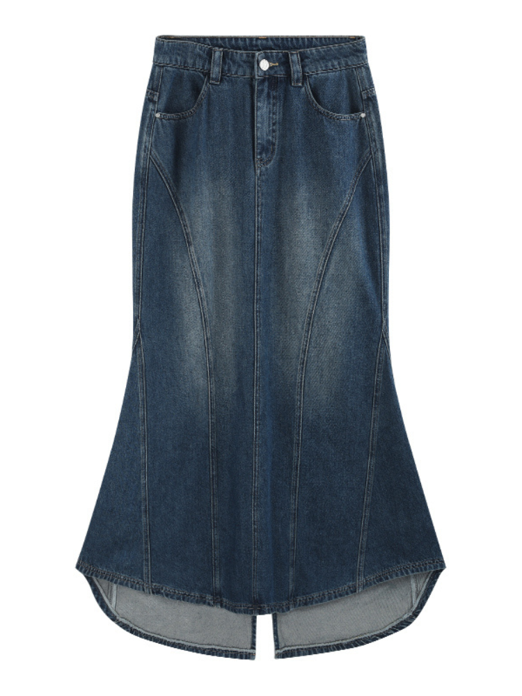 Vintage Denim Side-Slit Distressed Fishtail Skirt