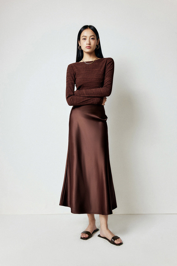 Satin Maxi Slip Skirt in Brown