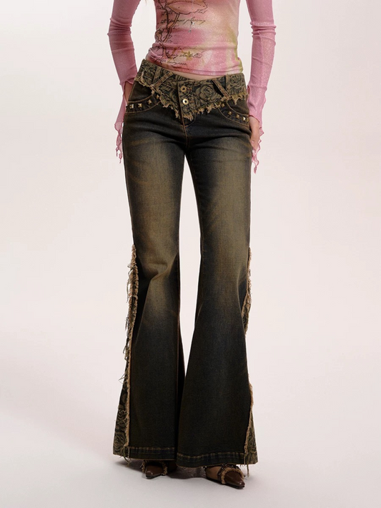 Vintage Low-Rise Flare Jeans with Rose Patchwork and Distressed Hem