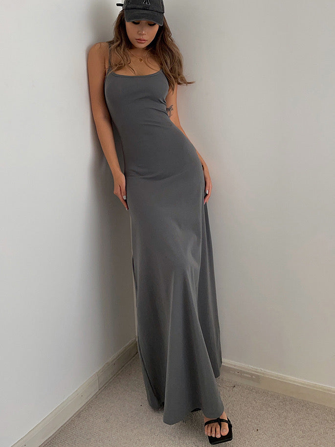 U Neck Cami Flare Maxi Dress- Grey