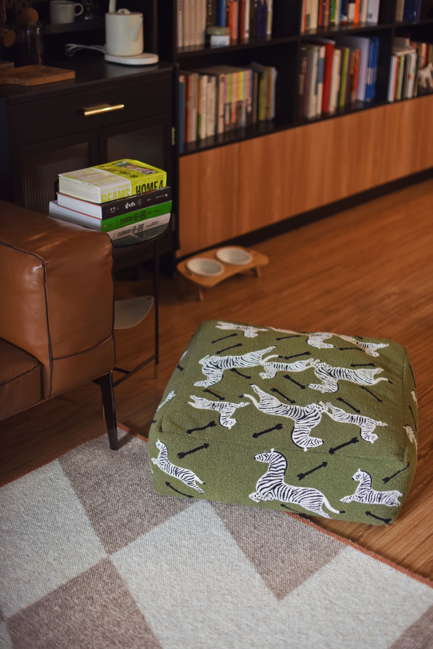 Mint Green Zebra-Embroidered 3D Moroccan Pouf with Removable Cover