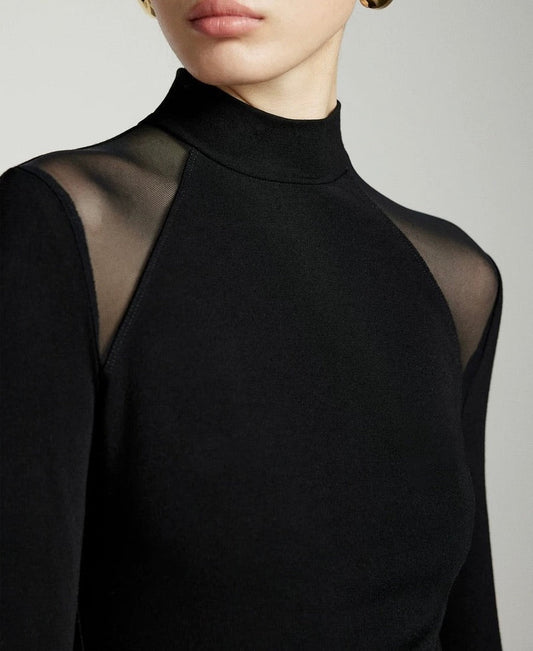 Sheer Panel High Neck Top in Black