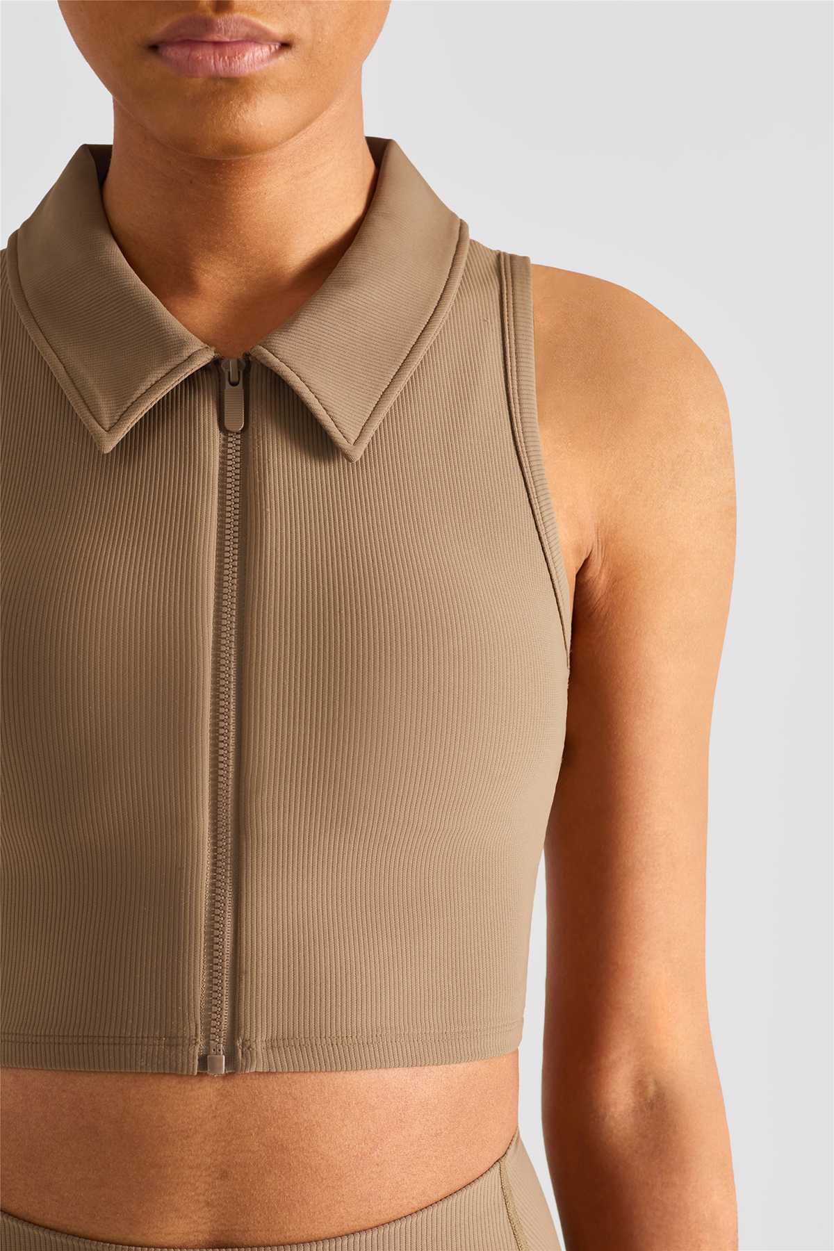 Ribbed Lapel Collar Crop Sleeveless Tank Tops