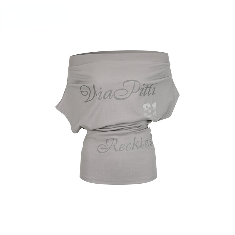 Champagne Grey One-shoulder Letter Printed Blouse