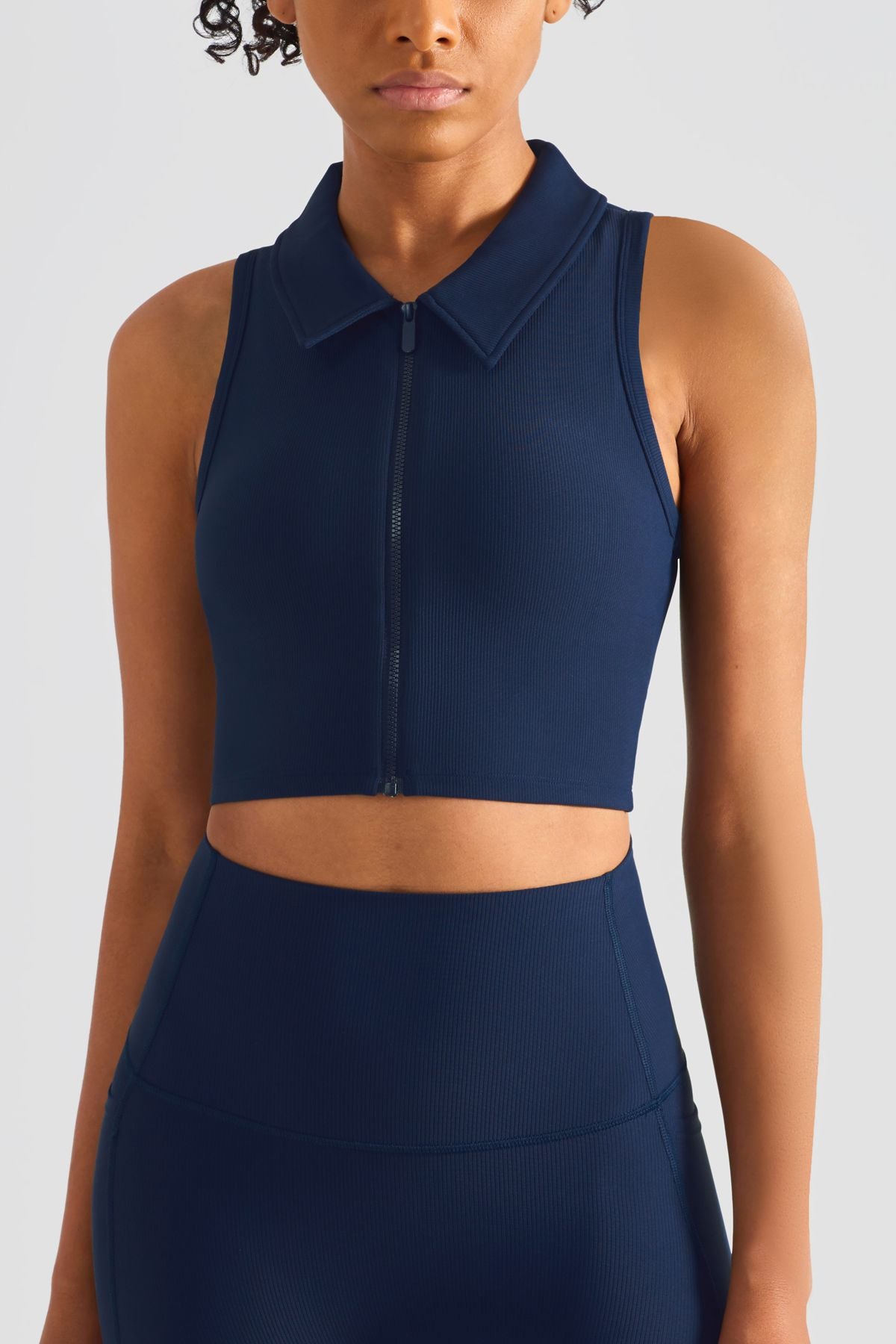 Ribbed Lapel Collar Crop Sleeveless Tank Tops