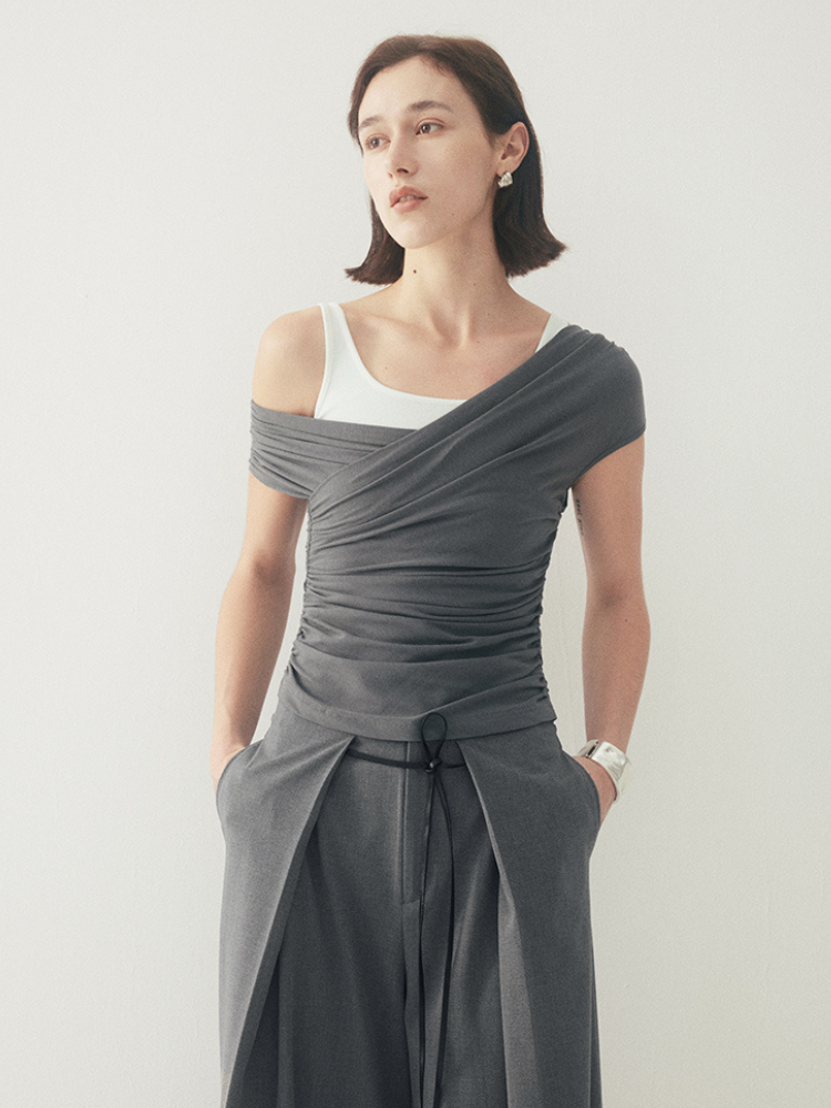 Soft Overlap Asymmetric Ruched T-shirt Set