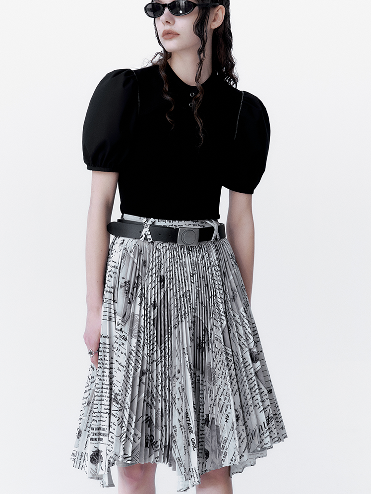 Pleats Asymmetry Flare Letter Skirt