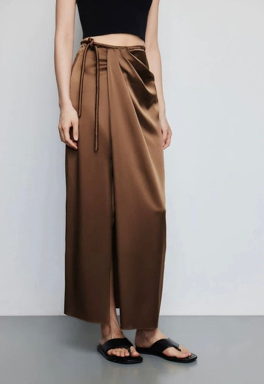 Satin Wrap Slit Maxi Skirt in Brown