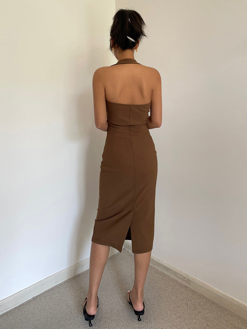 Halter Bodycon Midi Dress in Brown FancyAdd Halter Bodycon Midi Dress in Brown FancyAdd