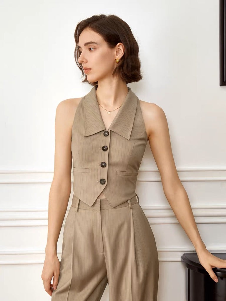 Striped Collar Button Vest in Khaki