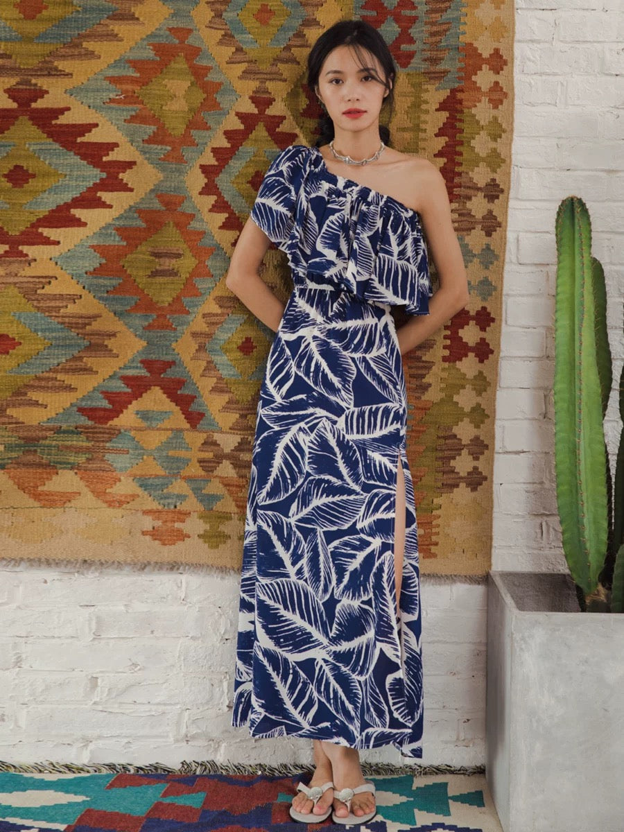 2-Way Off Shoulder Toga Printed Maxi Dress in Blue