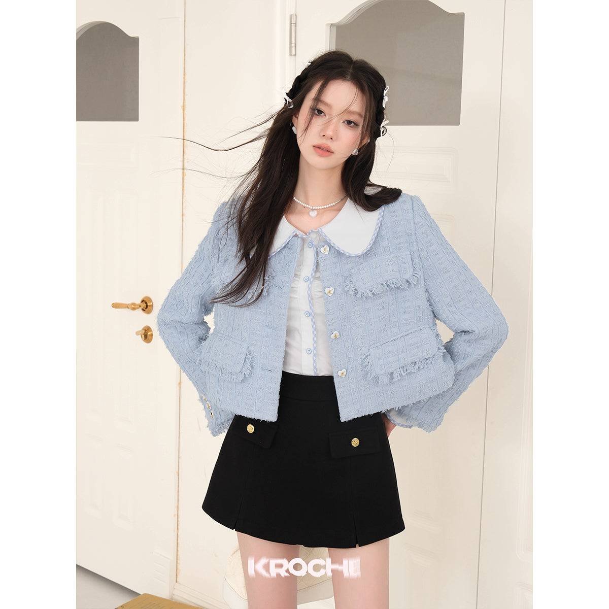 Kroche Tassel Heart Button Tweed Jacket Blue