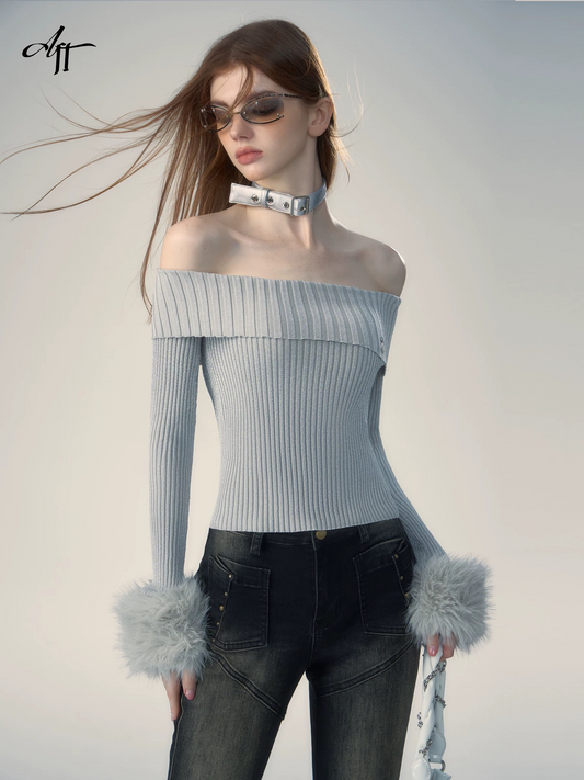 Off-Shoulder Sexy Slim Fit Knit Sweater Top with Detachable Sleeves