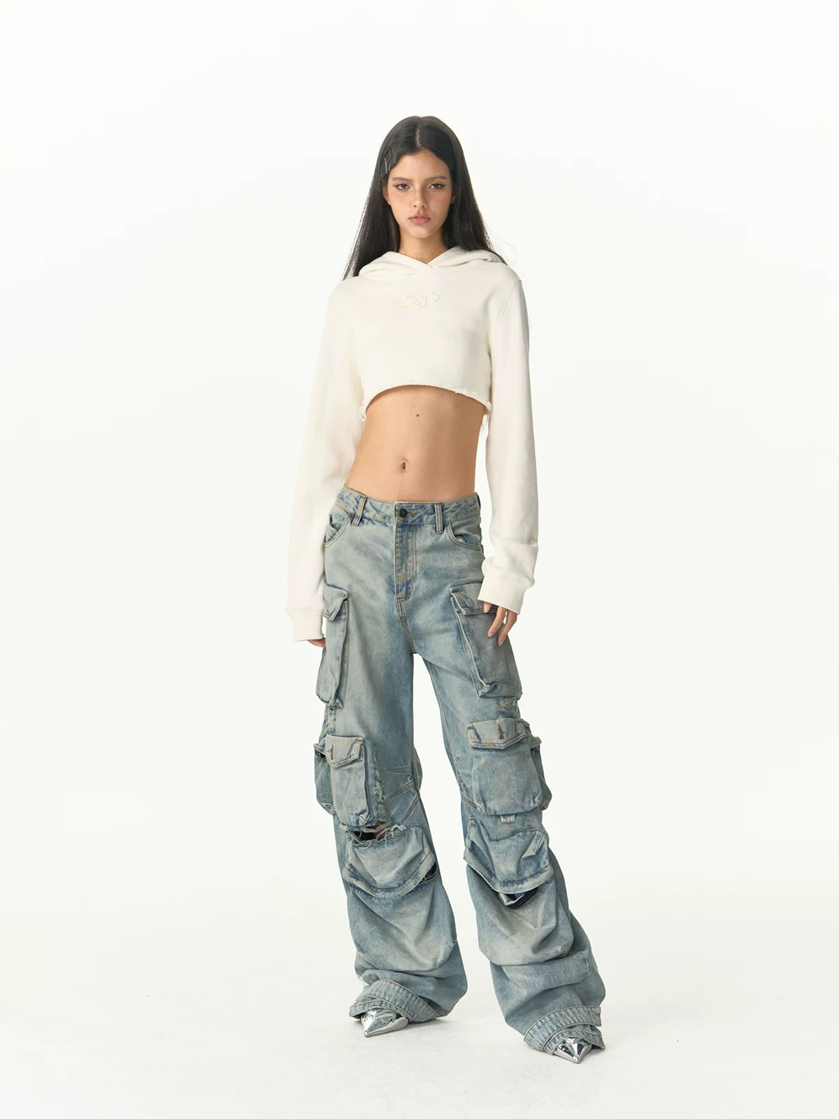 Multi-Pocket Distressed Heavy-Washed Cargo Jeans