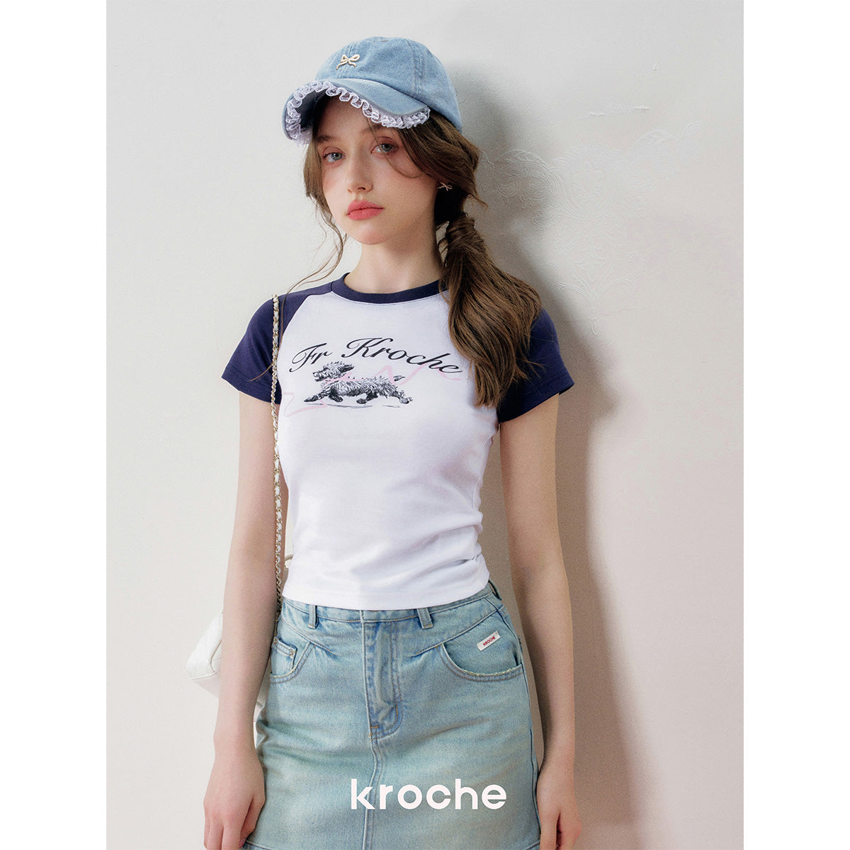 Kroche Hand Painted Puppy Raglan T-Shirt Navy Blue