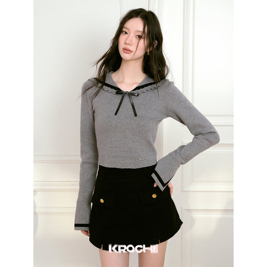 Kroche Color Blocked Bow-Knot Sailor Collar Knit Top Grey