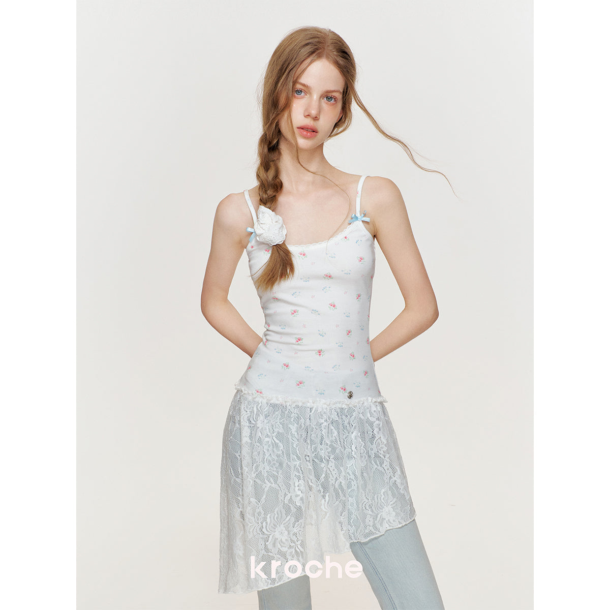 Kroche Lace Floral Diagonal Hem Halter Dress