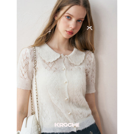 Kroche Diamond Hollow Out Knit Top White