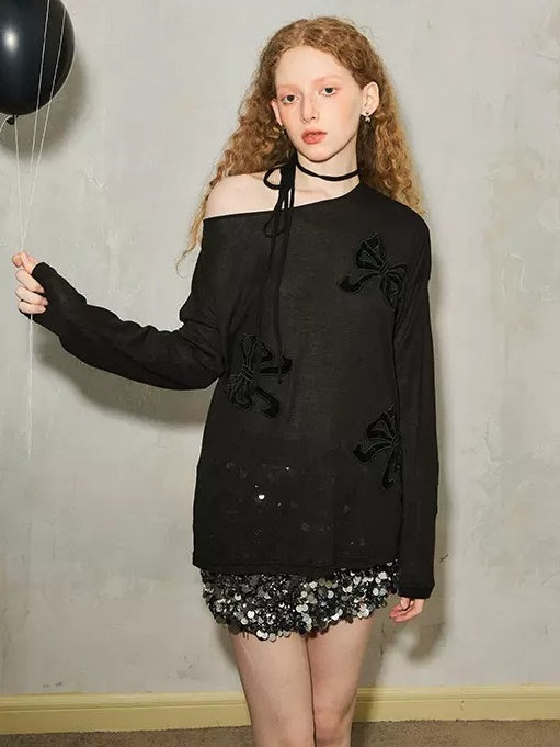 Slant Shoulder Bow Hollow Embroidered Loose Tie Top