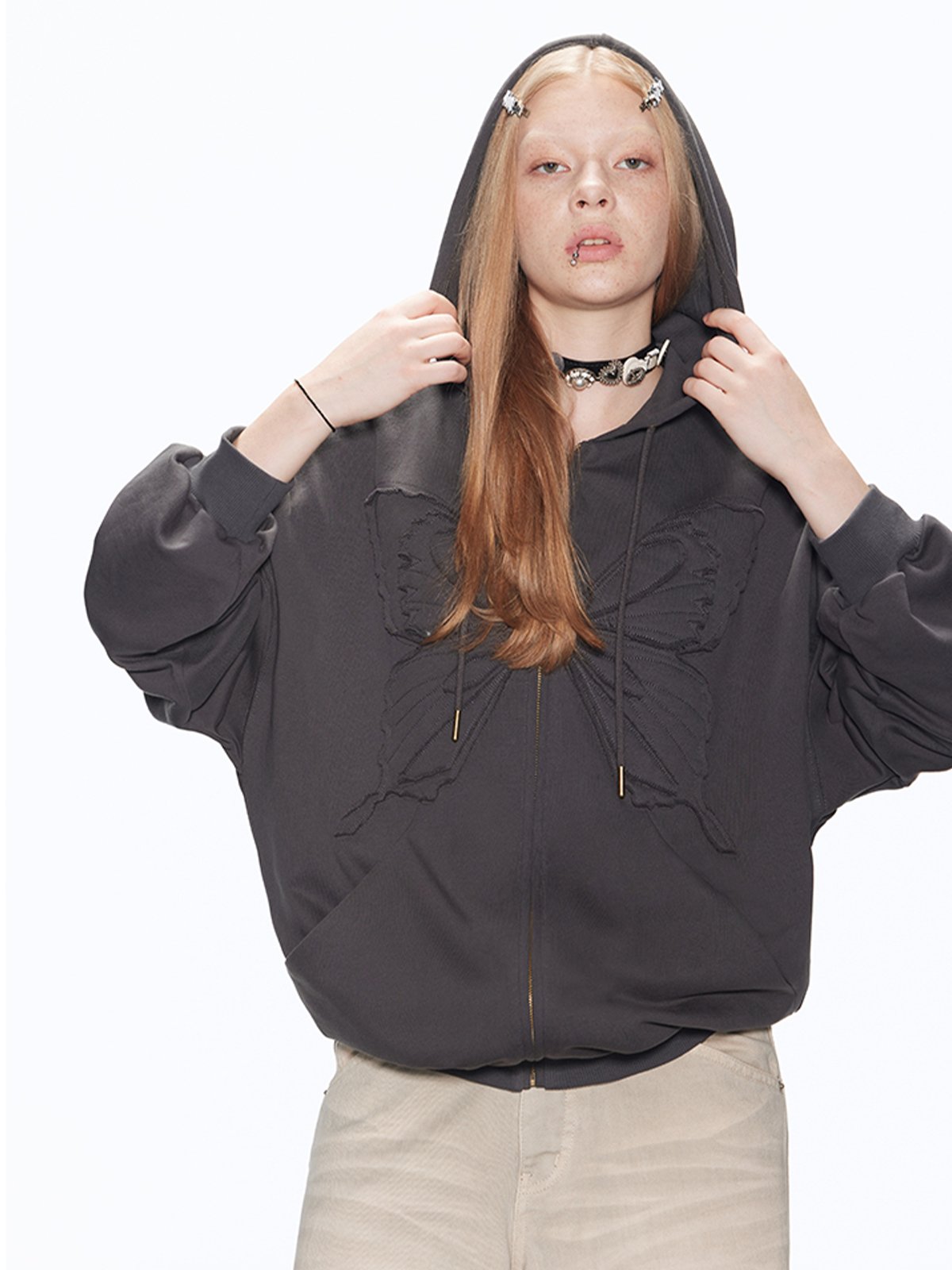 Butterfly Oversized Long-Sleeve Zip-Up Hoodie RUN0023