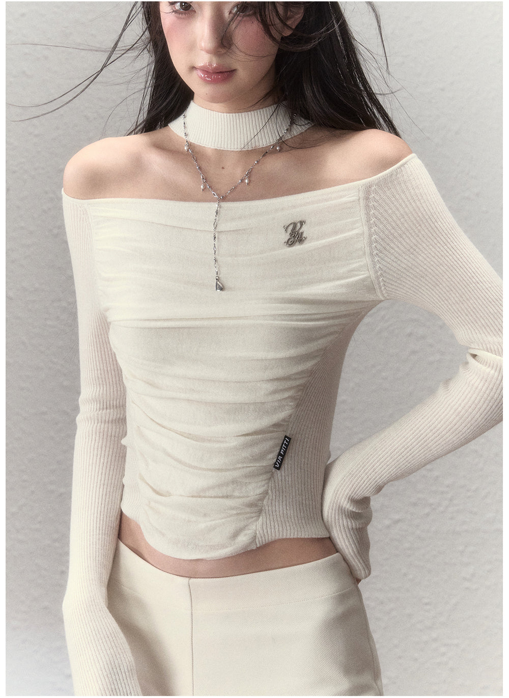 Chocker Neck Off-Shoulder Pleated Knit Top