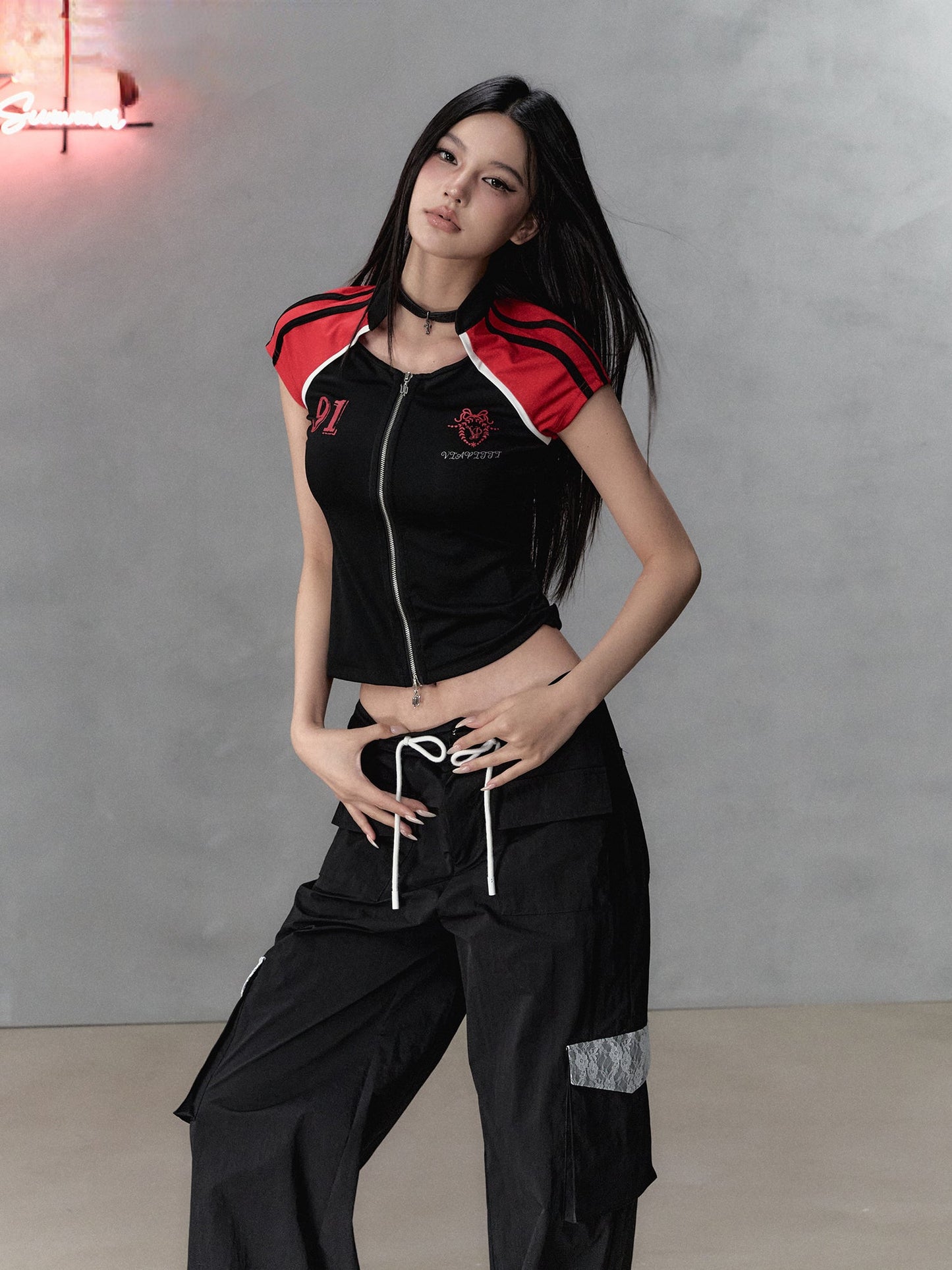 Black Color-blocking with Zipper Waist Short Sleeve